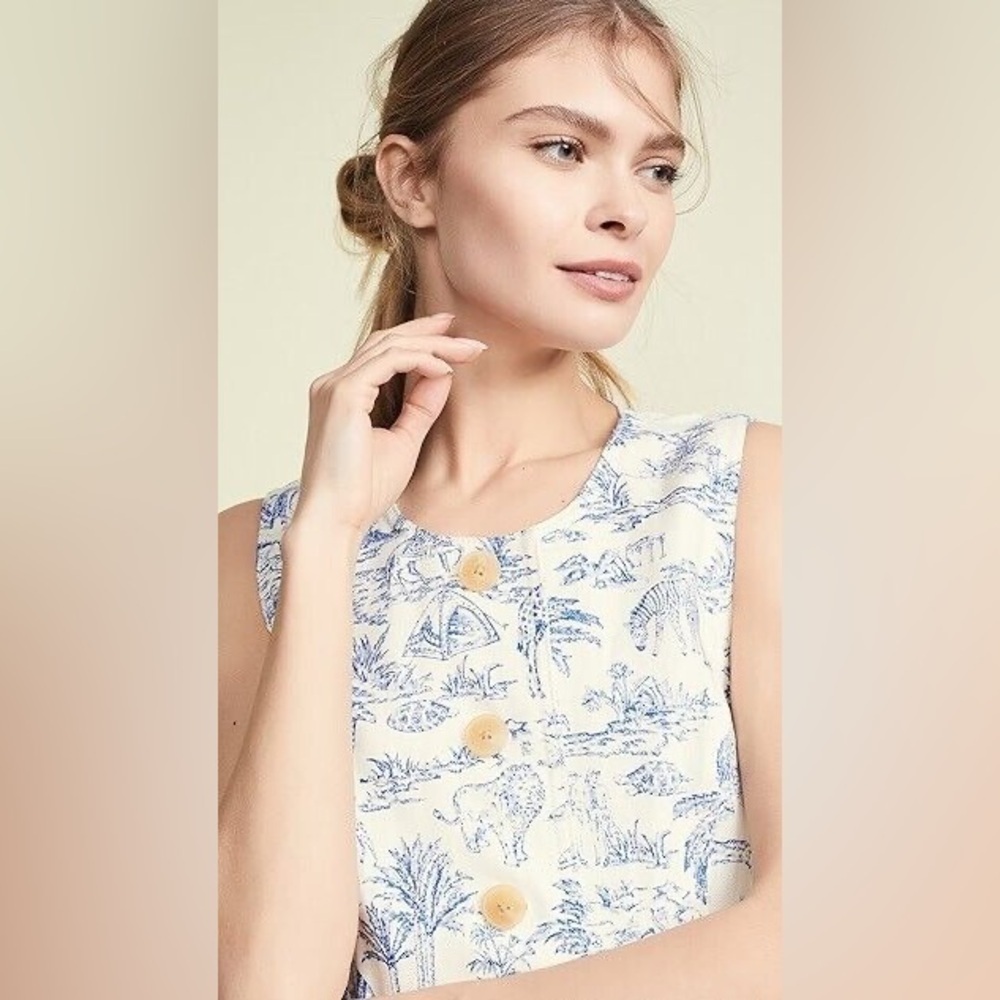NWT Tory Burch Safari Printed Linen Shift Dress Ivory & Blue 10 - Picture 3 of 16